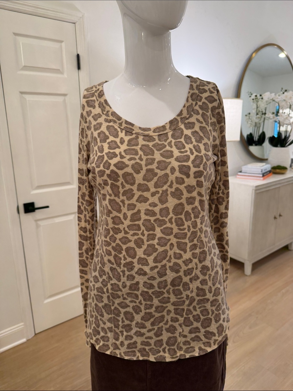 Women's Beige Leopard Print Long Sleeve Top